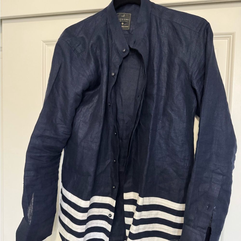 Navy and White Striped linen Shirt - Picture 4 of 4